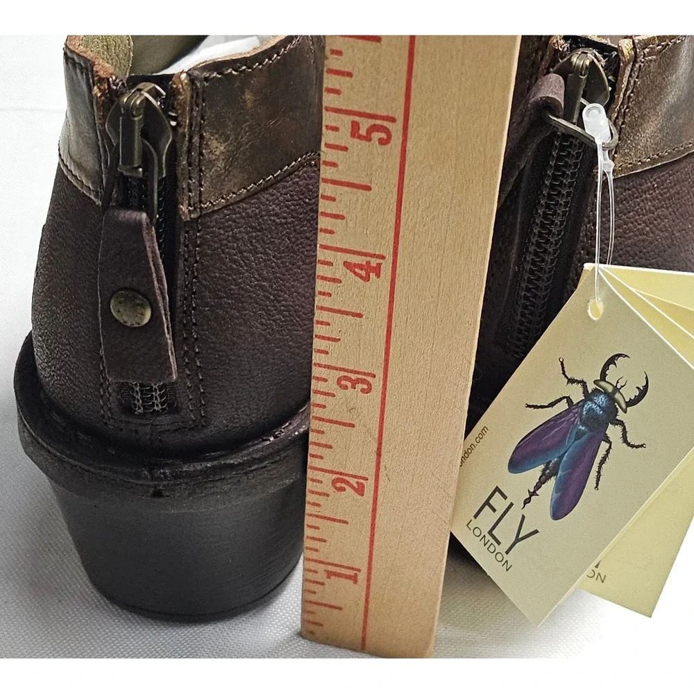 FLY LONDON Cupi/Bard Leather Ankle Boots‎ Bronze Detail Block Heel Zip Size 35